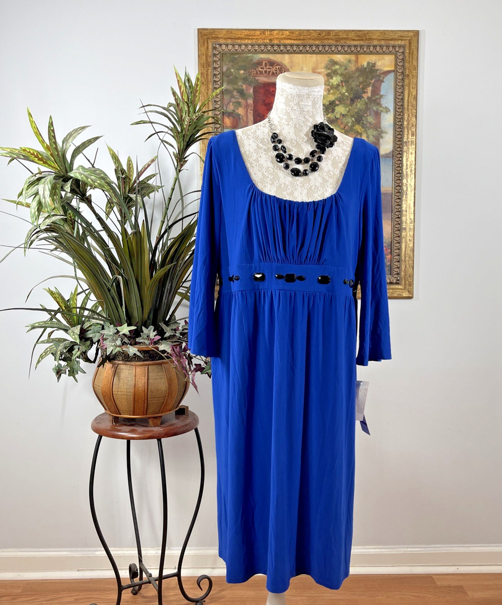 Tiana B Royal Blue Midi Dress XL 3/4 Sleeve Beaded Empire Waist Stretch‎ NWT